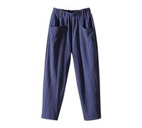 Pantalón de algodón y lino para mujer fluido verano, pantalones de cigarrillo para mujer chic y elegante, pantalones de cintura elástica pantalones detente pantalones coloridos Versátil Pant Pierna
