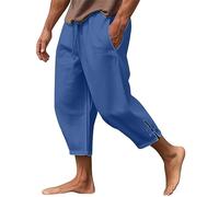 Pantalón de corte recto para hombre, pantalón de verano, para hombre, de playa, color liso, algodón, lino, informal, Trousers, cintura elástica, cordones para exteriores, pantalones de vacaciones