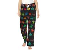 Pantalón de pijama de franela con estampado de hojas de cannabis colorido para mujer, con cordón, ropa de dormir suave con bolsillos, Negro, L