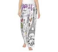 Pantalón de pijama de franela con estampado de la Torre Eiffel de París francés para mujer, con cordón, ropa de dormir suave con bolsillos, Negro, L