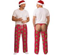 Pantalón de Pijama Hombre con Abertura Trasera, Estampado Divertido de Duendes Navideños en Verde, Cintura Elástica, Pantalón Largo para Dormir, Descansar en Casa y Fiestas
