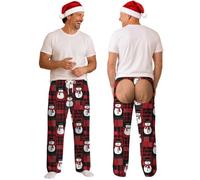 Pantalón de Pijama Hombre con Abertura Trasera, Estampado Divertido de Duendes Navideños en Verde, Cintura Elástica, Pantalón Largo para Dormir, Descansar en Casa y Fiestas
