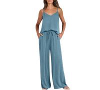 Pantalón de pijama largo y fluido para mujer, conjunto de pijama para mujer, verano de 2 piezas, camiseta de tirantes con cuello en V, pantalón con cordón de ajuste, para pijamas informal, grande