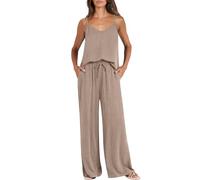 Pantalón de pijama largo y fluido para mujer, conjunto de pijama para mujer, verano de 2 piezas, camiseta de tirantes con cuello en V, pantalón con cordón de ajuste, para pijamas informal, grande