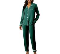 Pantalón de pijama largo y fluido para mujer, pijama de seda, talla grande, conjunto de 2 camisas, manga larga, pijamas casual, grande, ropa de dormir fina, Blackish Green, M