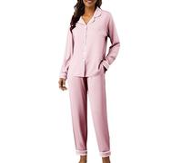 Pantalón de pijama largo y fluido para mujer, pijama de seda, talla grande, conjunto de 2 camisas, manga larga, pijamas casual, grande, ropa de dormir fina, rosa claro, S