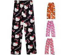 Pantalón de pijama para mujer, Kitty Anime, pijama largo de franela, Kawaii, dibujos animados, pantalón de felpa suave y cálido, Y2K, pantalón de salón para mujer, otoño, invierno, talla S-XXL, Negro