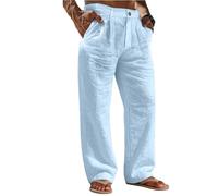 Pantalón de playa para hombre, pantalón de algodón, lino, transpirable, Trousers, corte recto, color liso, corte holgado, botón, pantalones ligeros, cómodos y fluidos, azul claro, M