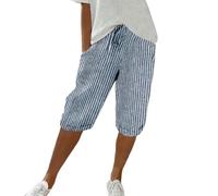 Pantalón de rayas para mujer - Pantalones casuales holgados de algodón y lino corsario con dos bolsillos para pantalones casuales sueltos corsario Chic Pant corte ajustado Pantalones ligeros, azul