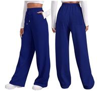 Pantalon de survêtement en molleton de Couleur Unie pour Femme, décontracté et Confortable, Avec poches de Sport, à Lacets, Jambes larges et droites, automne et Hiver (Blue, L)