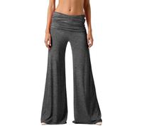 Pantalon de yoga pour femmes à taille repliable couleur corail, Pantalon palazzo de détente à coupe large plissé haute taille, Pantalon uni de style pour femme, pantalon pour le quotidien et le yoga