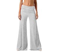 Pantalon de yoga pour femmes à taille repliable couleur corail, Pantalon palazzo de détente à coupe large plissé haute taille, Pantalon uni de style pour femme, pantalon pour le quotidien et le yoga