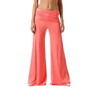 Pantalon de yoga pour femmes à taille repliable couleur corail, Pantalon palazzo de détente à coupe large plissé haute taille, Pantalon uni de style pour femme, pantalon pour le quotidien et le yoga