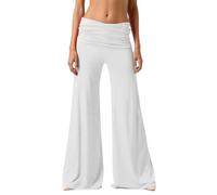 Pantalon de yoga pour femmes à taille repliable couleur corail, Pantalon palazzo de détente à coupe large plissé haute taille, Pantalon uni de style pour femme, pantalon pour le quotidien et le yoga