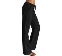 Pantalón Fluido Mujer Cintura Elástica 9/10 - Pantalones de cintura baja Cordón de ajuste de algodón y lino Cómodo Suave Pierna Ancho Playa Versátil Slacks Chic Y Elegant Maison Treggings, Negro , S