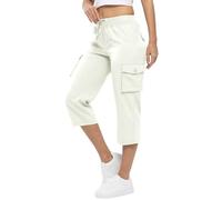 Pantalón Fluido Mujer Cintura Elástica - Pantalones Verano Ligero 3/4 Pierna Ancho Cordón De Sujeción Múltiples Bolsillos Corte Poliéster Rápido Secado Senderismo Pantalones Casual Pantalones, blanco