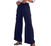 Pantalón genérico Palazzo Mujer con Bolsillos para Verano Casual Corte Wide Leg Talle Alto Tejido Fluido para Playa Viaje Cómodo Ligero Bajo de Vacaciones, Azul oscuro., L
