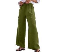 Pantalón genérico Palazzo Mujer con Bolsillos para Verano Casual Corte Wide Leg Talle Alto Tejido Fluido para Playa Viaje Cómodo Ligero Bajo de Vacaciones, ejército verde, S