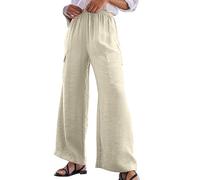 Pantalón genérico Palazzo Mujer con Bolsillos para Verano Casual Corte Wide Leg Talle Alto Tejido Fluido para Playa Viaje Cómodo Ligero Bajo de Vacaciones, beige, M