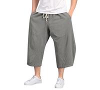 Pantalón harem holgado para hombre de 3/4 de largo, de lino, de verano, hippie, ligero, de playa, de un solo color, con bolsillos, cordón de ajuste, bombacho, hip hop, callejero, transpirable, secado
