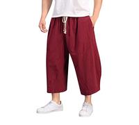 Pantalón harem holgado para hombre de 3/4 de largo, de lino, de verano, hippie, ligero, de playa, de un solo color, con bolsillos, cordón de ajuste, bombacho, hip hop, callejero, transpirable, secado