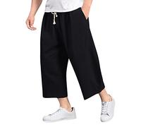 Pantalón harem holgado para hombre de 3/4 de largo, de lino, de verano, hippie, ligero, de playa, de un solo color, con bolsillos, cordón de ajuste, bombacho, hip hop, callejero, transpirable, secado