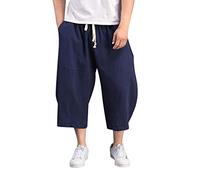 Pantalón holgado para hombre, estilo harem, de 3/4 de largo, de lino, de verano, hippie, ligero, para la playa, de un solo color, con bolsillos, cordón de ajuste, bombacho, hip hop, callejero