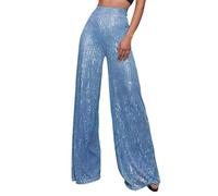 Pantalón Lentejuelas para Mujer de Pierna Ancha Pantalones Cintura Elástica Largos de Cintura Alta Elegante Pantalones Largos de Casuales y Moda Monocolor para Acampanada Baile Rock (A-Blue, L)