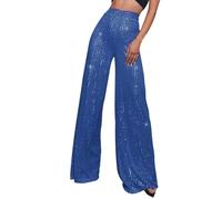 Pantalón Lentejuelas para Mujer de Pierna Ancha Pantalones Cintura Elástica Largos de Cintura Alta Elegante Pantalones Largos de Casuales y Moda Monocolor para Acampanada Baile Rock (B-Blue, XXL)
