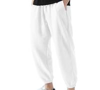 Pantalón Lino de Yoga Playa Tiro Bajo Pantalón Verano Hombre Largo Ligero Blanco Pantalones de Lino Largo Pantalones Harem de Algodón para Hombre Holgados Hippie Casual