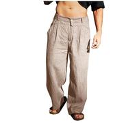 Pantalon Lino Hombre,Algodón y Lino Pantalones Verano Hombre Cintura Alta Pantalón Largo de Pierna Recto con Bolsillos Ajuste Holgado Color Sólido Ligero y Transpirable Pantalones de Playa