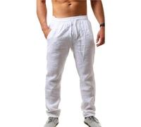 Pantalon Lino Hombre Men's Cotton Linen Pants Male Autumn Breathable Solid Color Trousers Fitness Streetwear S-3XL 5XL 4XL(White,XXL)