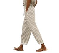 Pantalón Mujer Fluido Rayas - Pantalones Salón Oversized Pierna Ancho Cintura Elástica Cordón De Ajuste Corte Algodón Y Lino Diario Suave Pantacourt Verano Beach Pants Tendencia 2025 Ropa, beige, L