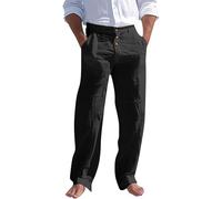 Pantalón para hombre, corte recto, pantalón para hombre, algodón, negocios, de playa, color sólido, de lino, transpirable, pantalones holgados, cómodos, fluidos básicos, Negro , XL