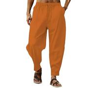 Pantalón Pijama Hombre a Cuadros Cómodo y Práctico Pantalones de Verano Largos de Algodón Y Lino para Hombre con Cinturón Elastico Pantalones Playa Color Sólido Pantalones Jogger Transpirable, naranja