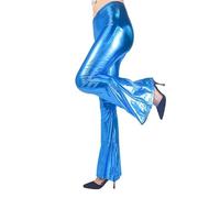 Pantalon Polipiel Mujer Pantalón Campana Metalizado Talle Elástica Flare Disco Años 70 Fiesta Club Leggings con Efecto Metálico Brillo Cintura Pierna Acampanada Baile Rock Noche