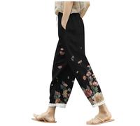 Pantalon Senderismo, Pantalones De Lino De Verano para Mujer Holgados con Bolsillos Cintura EláStica Pernera Ancha Estilo Retro Literario Color Liso Casuales Estilo Noveno