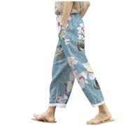 Pantalon Senderismo, Pantalones De Lino De Verano para Mujer Holgados con Bolsillos Cintura EláStica Pernera Ancha Estilo Retro Literario Color Liso Casuales Estilo Noveno