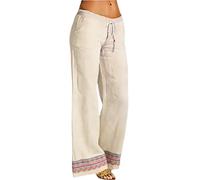 Pantalon Verano Mujer,Pantalon Largo Verano Mujer,Cotton and Linen Embroidered Wide Leg Pants For Women Spring and Summer Loose High Waist Straight Casual Pants (Beige, M)