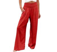 Pantalon Verano Mujer,Women Linen Pants Summer Wide Leg High Waist Casual 2026 Beach Travel Vacation Outfits Rotos (Red, XXL)