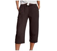 Pantalones 3/4 Mujer Pantalones de Verano Algodón Y Lino Cómodo Pantalones Cómodo Cintura Alta Elástico con Cordón Ligero Correr Pantalones De Playa Con Bolsillos, Brun-a, S