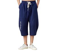 Pantalones 3/4 para hombre, sueltos, de lino, cintura elástica, con bolsillo lateral, informal, holgado, con bolsillos, pantalones de yoga, cintura elástica, pantalones pirata, azul, XXXXL