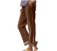 Pantalones 7/8 Mujer Verano Lino Casual Ligero Pantalones De Playa con Bolsillos Fluido Suelto Casual Pantalones De Talle Alto Elástico Grande Cómodo Chic Sport Jogging Pantacourt, marrón, L