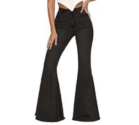 Pantalones Acampanados para Mujeres Suelta Pantalones Casuales con Adornos Jeans de Campana Elásticos de Pierna Ancha para el día a día Pantalón de Calle de Invierno