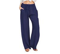 Pantalones anchos de alta calidad de lino de algodón con cordón elástico pierna larga para las mujeres Casual sólido calidad cómodo elástico de moda, marine, M