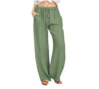 Pantalones anchos de alta calidad de lino de algodón con cordón elástico pierna larga para las mujeres Casual sólido calidad cómodo elástico de moda, verde, XXL
