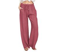 Pantalones anchos de alta calidad de lino de algodón con cordón elástico pierna larga para las mujeres Casual sólido calidad cómodo elástico de moda, Rojo sandía, XL