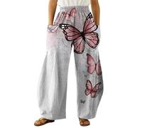 Pantalones Anchos de Mujer con Estampado 3D de Mariposa Flores y Pájaros Cintura Elástica Informales Sueltos Bohemios de Playa con Bolsillos