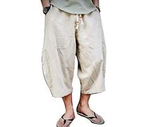 Pantalones Anchos De Playa Hombre Pantalones Cortos de Lino Bermudas Hippies Color Sólido Transpirables Beige M