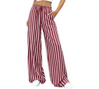 Pantalones Anchos Mujer Estampado de Rayas con Bolsillo - Ropa De Mujer Pants con Cordón Único Transpirable, Pantalón Anchos Fluido Wide Leg Pants Women Plage Travail Rojo XXL